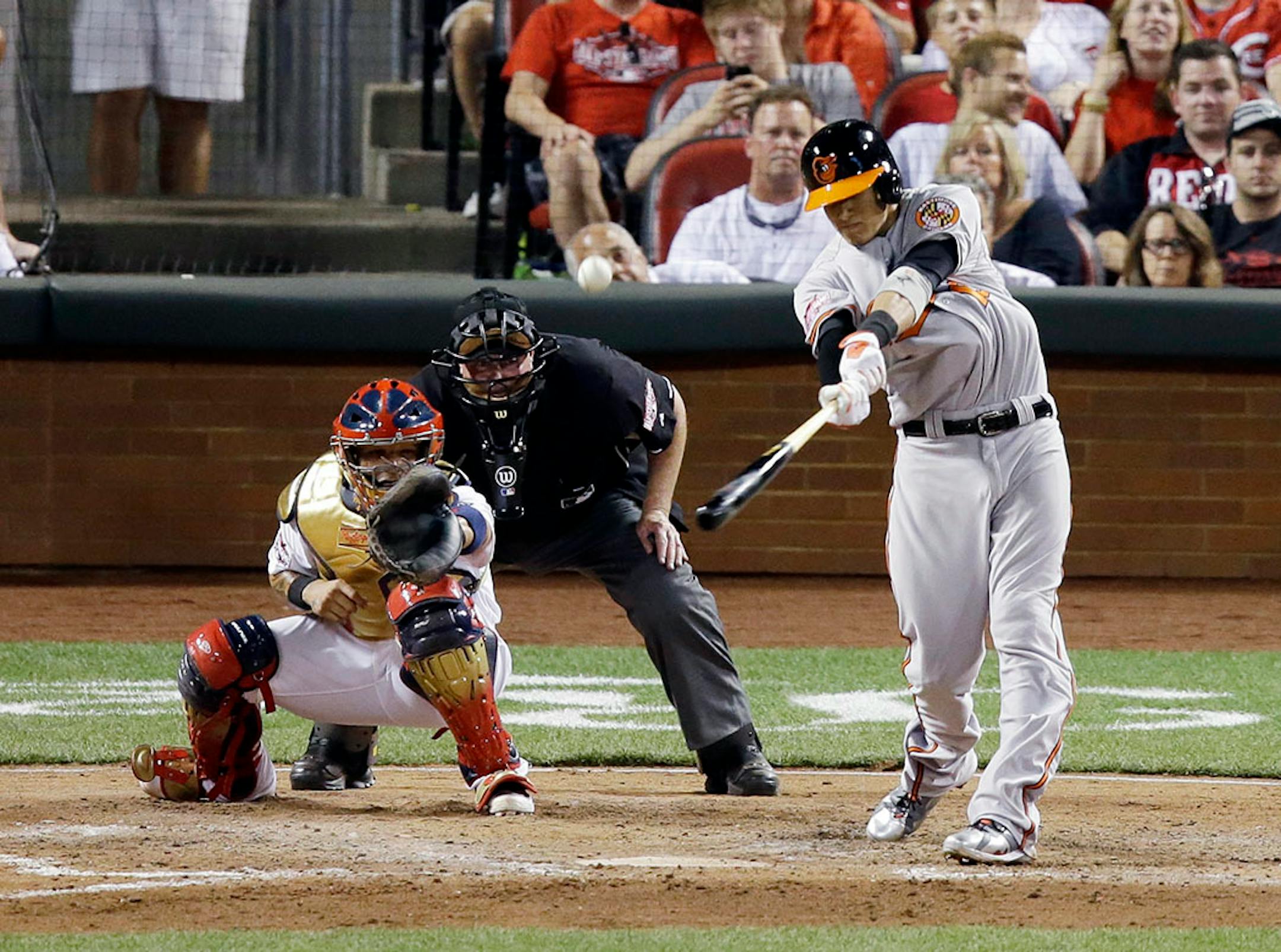 American League's Manny Machado, of the Baltimore Orioles, hits an RBI double during the seventh inning of the MLB All-Star baseball game, Tuesday, July 14, 2015, in Cincinnati.