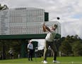Paul Casey, of England, tees off on the eighth hole during the first round of the Masters golf tournament Thursday, Nov. 12, 2020, in Augusta, Ga. (AP