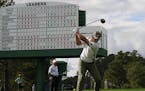Paul Casey, of England, tees off on the eighth hole during the first round of the Masters golf tournament Thursday, Nov. 12, 2020, in Augusta, Ga. (AP