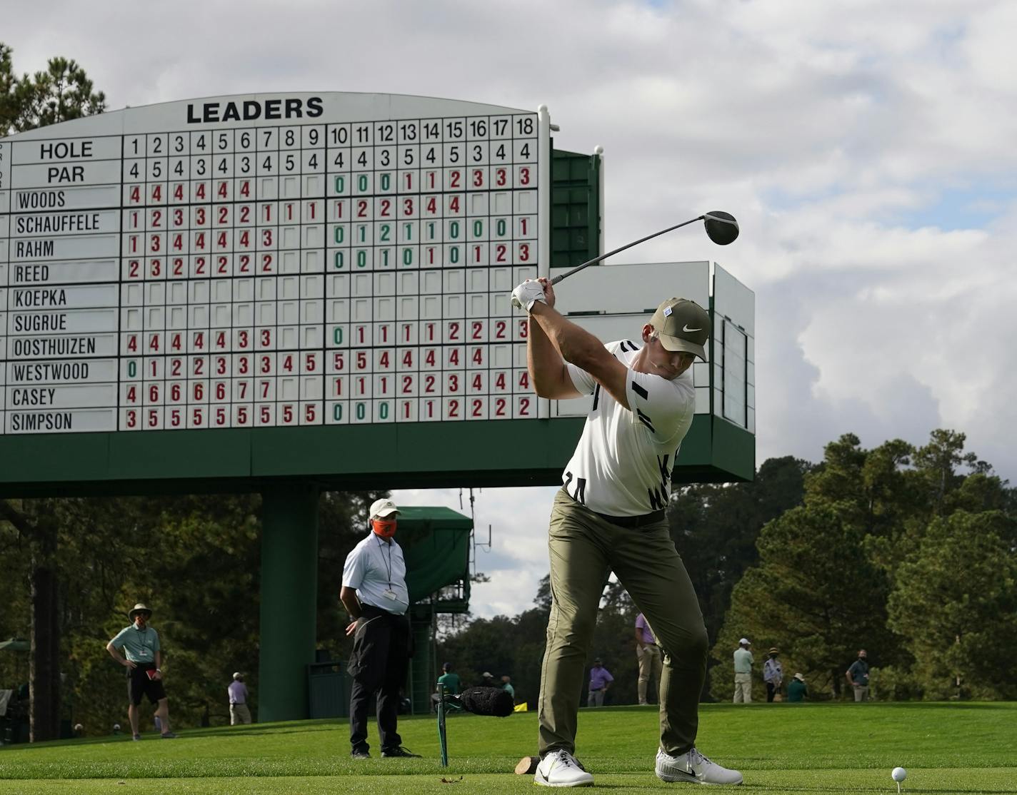 Paul Casey, of England, tees off on the eighth hole during the first round of the Masters golf tournament Thursday, Nov. 12, 2020, in Augusta, Ga. (AP Photo/David J. Phillip)