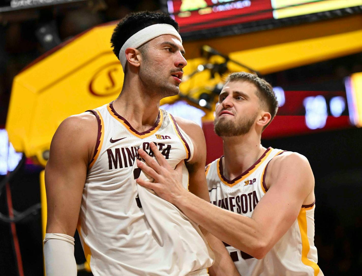 Minnesota Gophers forward Dawson Garcia (3) and forward Parker Fox (23) celebrate an and-one opportunity by Garcia in the second half Monday, Jan. 15, 2024 at Williams Arena in Minneapolis, Minn..