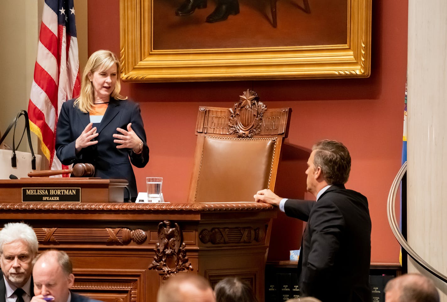 House Speaker Melissa Hortman talked with Republican House Minority Leader Kurt Daudt on the House floor Monday morning. The two were planning to meet privately right after the floor session. ] GLEN STUBBE &#x2022; glen.stubbe@startribune.com Monday, May 20, 2019