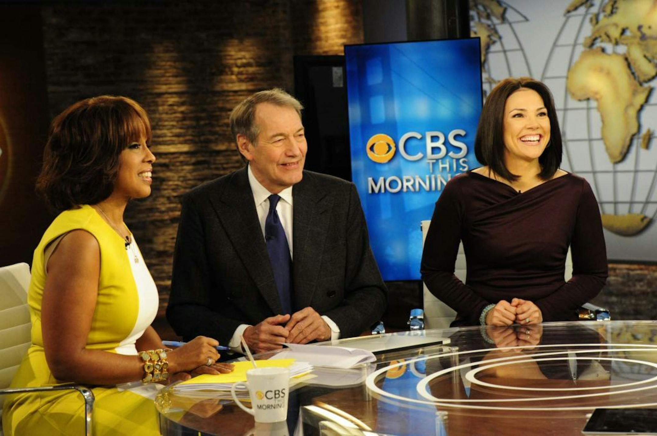 CBS News debuts its new morning program CBS This Morning on Monday, January 9, 2012 with Charlie Rose, Gayle King and Erica Hill airing 7-9 am on the CBS Television Network. Gayle King, co-host CBS This Morning, from left, Charlie Rose, co-host CBS This Morning and Erica Hill, co-host CBS This Morning, shown. Photo: John P. Filo/CBS �2012 CBS Broadcasting Inc. All Rights Reserved.