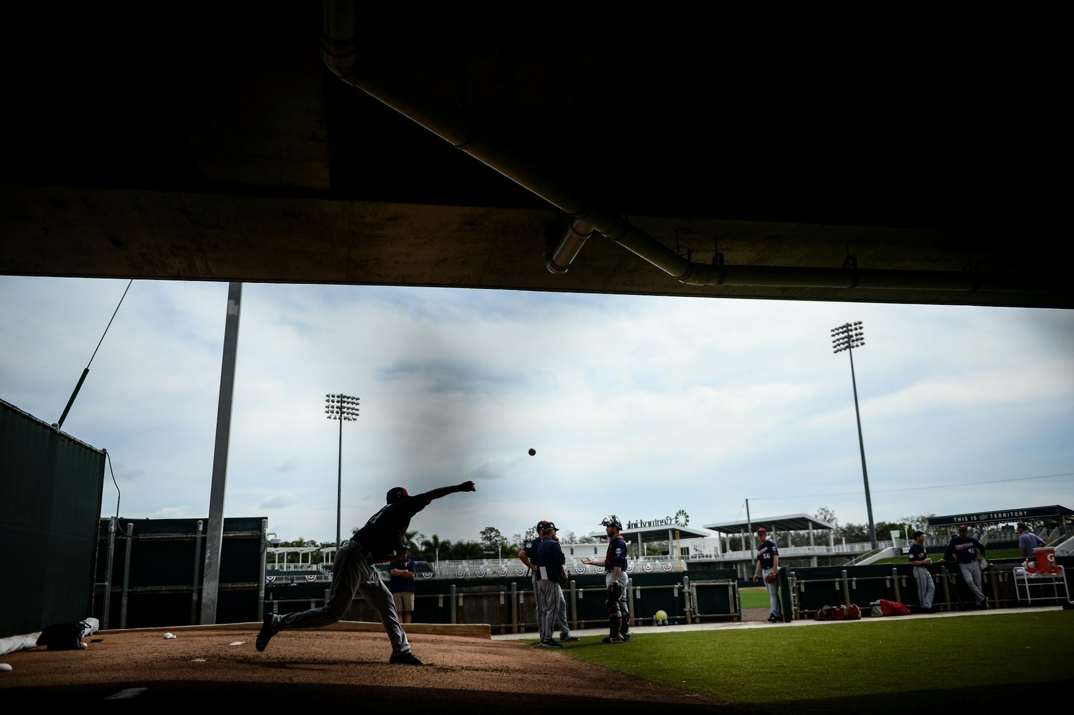 Minnesota Twins starting pitcher Kyle Gibson (44) threw a pitch in the bullpen Tuesday while warming up for live batting practice.