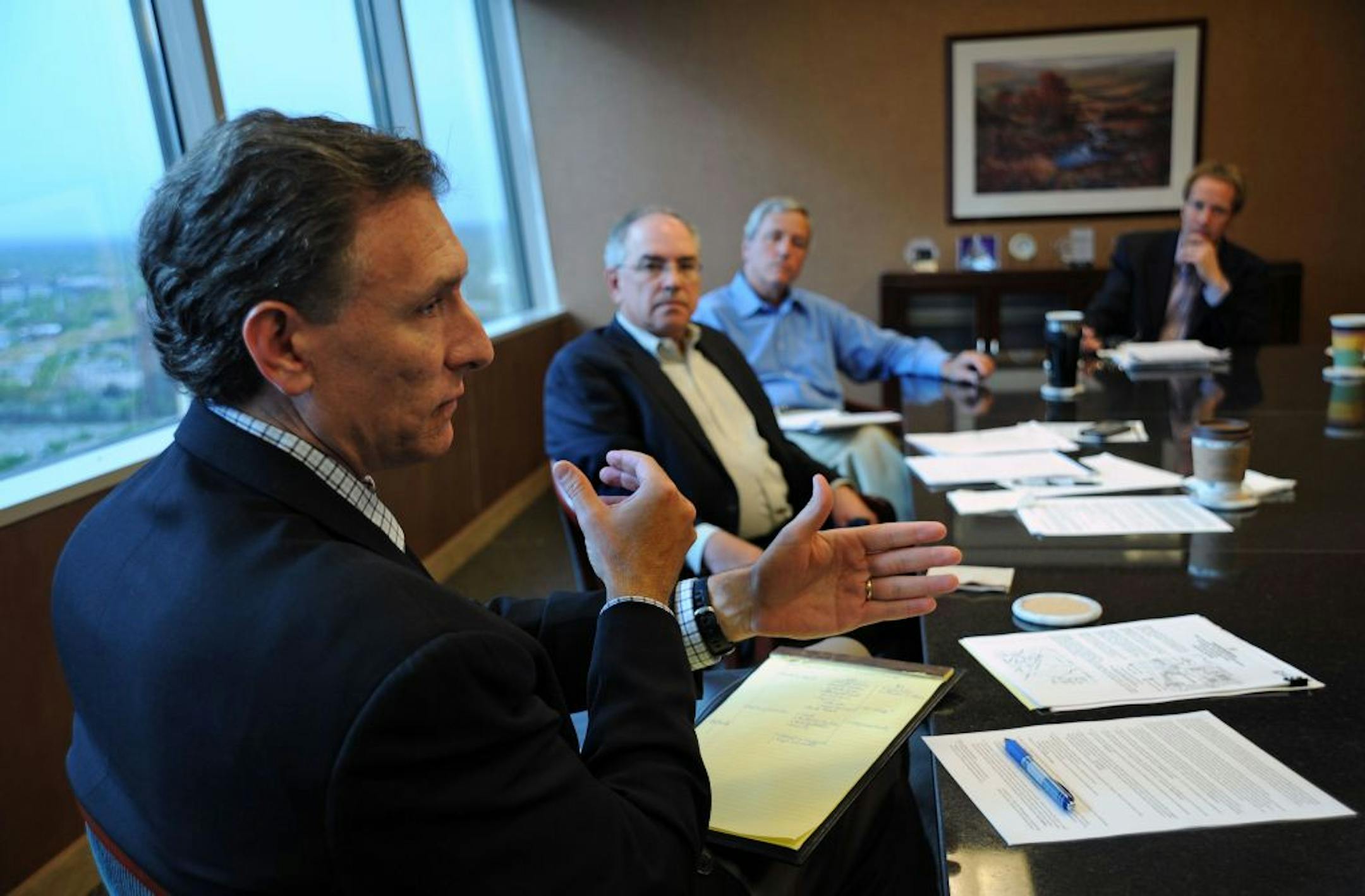 Prominent Minnesota venture capitalists talked about the state of their industry in a round table on Thursday Morning,April 19, 2012 in a conference room at Affinity Capital Management which was organized by The Collaborative. During the roundtable Michael Gorman, Managing Partner, Split Rock Partners made a point about investment horizons with Buzz Benson, Managing Director, SightLine partners, Ed Spencer, Affinity Capital Management and Dan Carr from the Collaborative who was moderating.