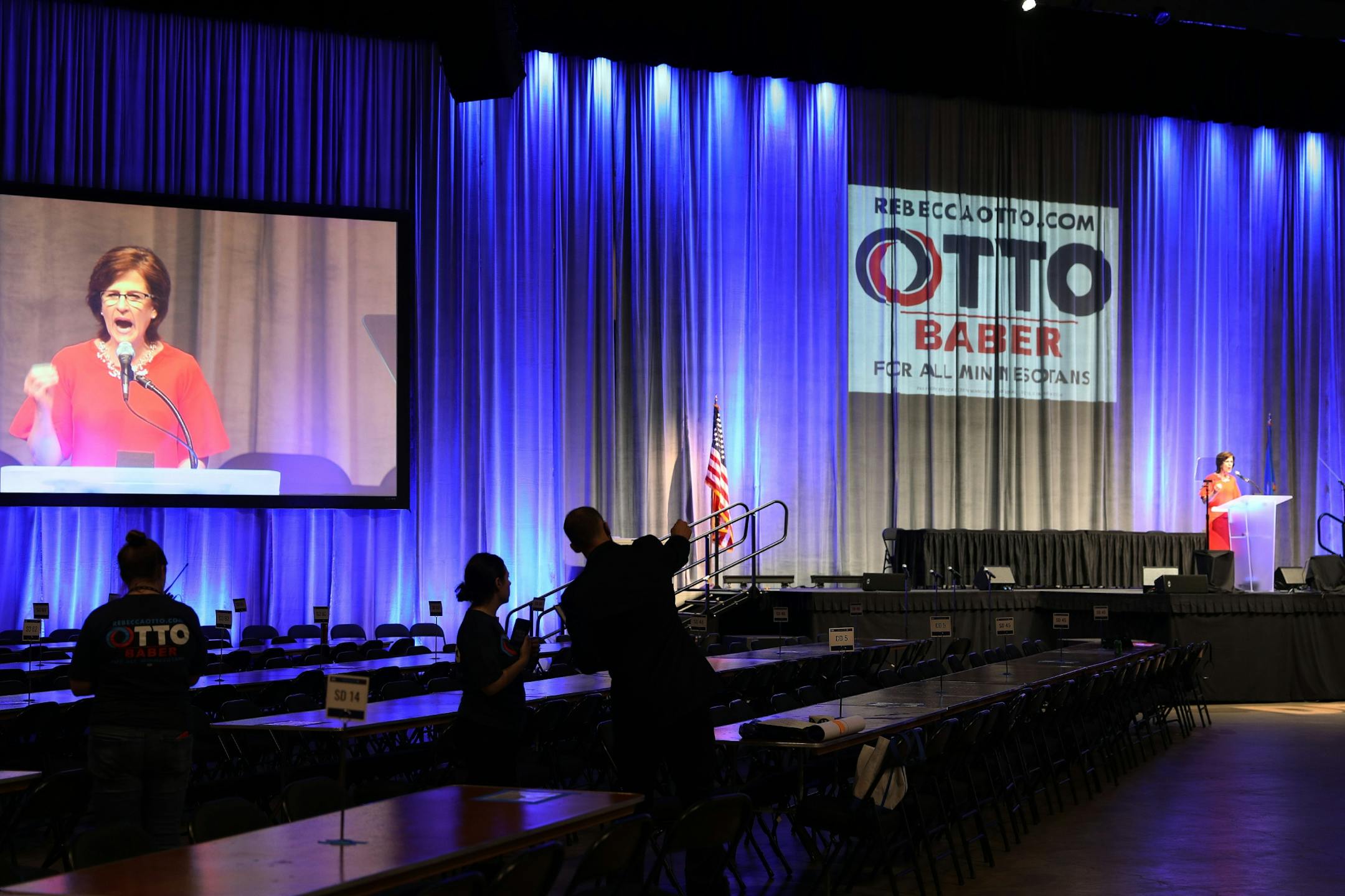 State Auditor and gubernatorial candidate Rebeca Otto practiced her speech during preparations for the DFL State Convention Friday.