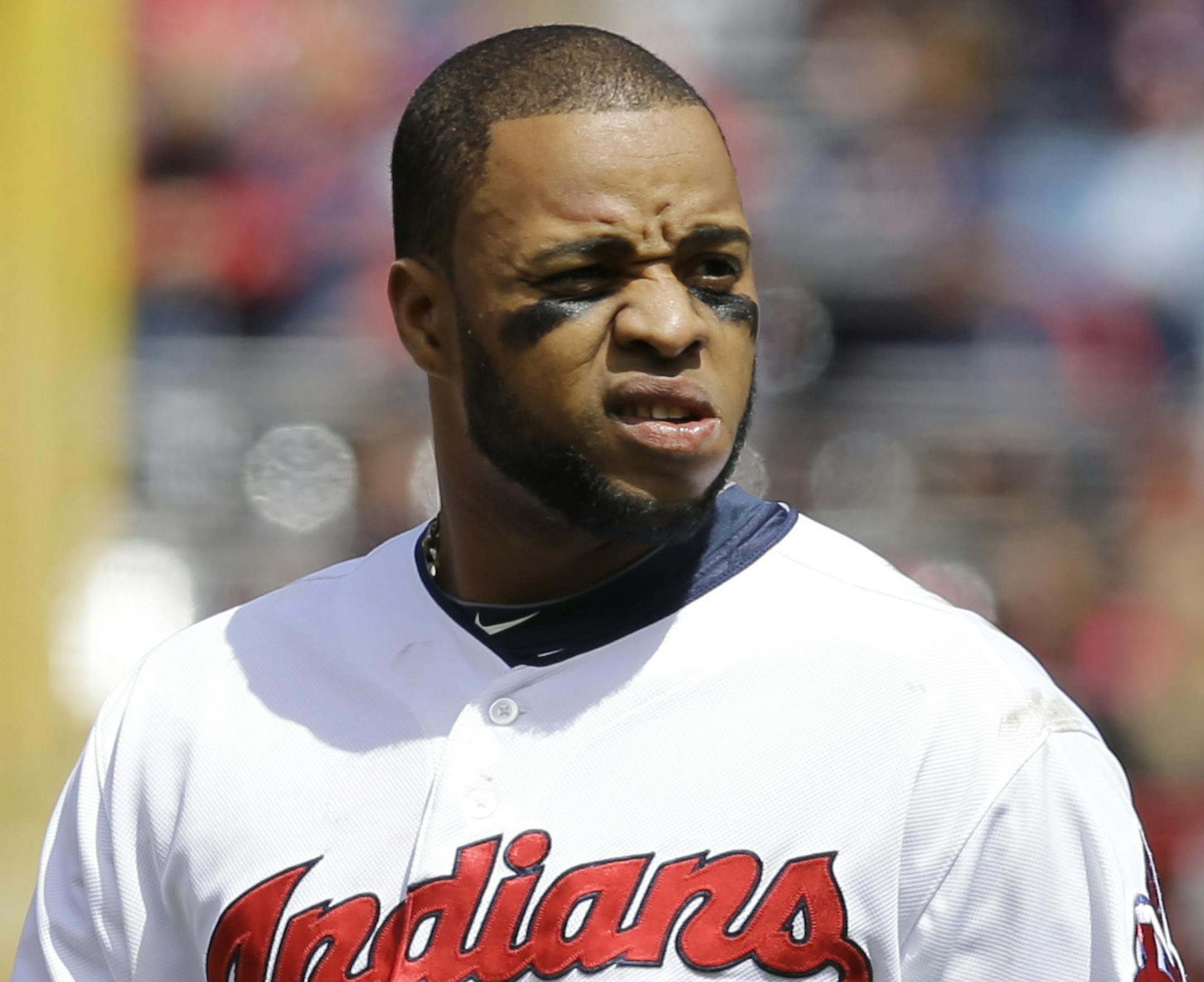Cleveland Indians' Carlos Santana in a baseball game against the Kansas City Royals Thursday, April 24, 2014, in Cleveland. (AP Photo/Mark Duncan)