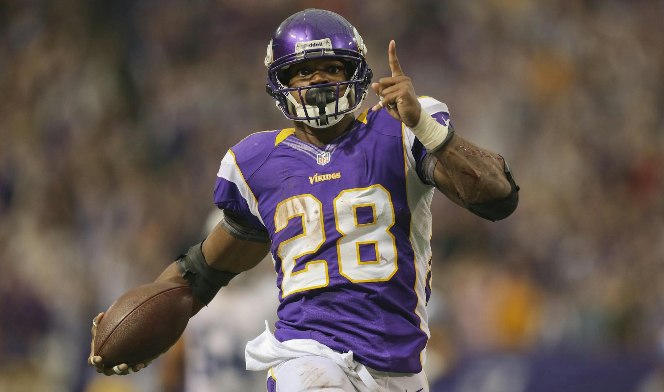 Adrian Peterson was in high-step mode toward the end of a 61-yard touchdown run in the fourth quarter for the Vikings. The score put Sunday's game out of reach of NFC North rival Detroit.