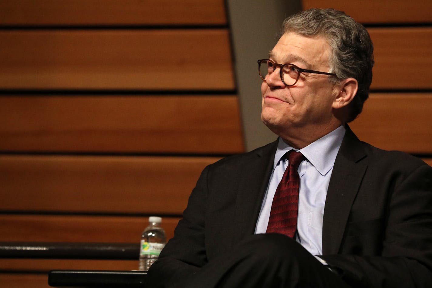 Former U.S. Sen. Al Franken smiled as his successor U.S. Sen. Tina Smith spoke fondly of him during Walter Mondale's birthday program Saturday night.