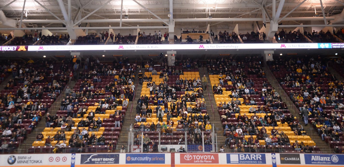 Fans sat in the stands during the third period Friday night during the Gophers men's hockey game against the Penn State Nittany Lions. The announced attendance was 10,053. ] (AARON LAVINSKY/STAR TRIBUNE) aaron.lavinsky@startribune.com The University of Minnesota Golden Gophers men's hockey team played the Penn State Nittany Lions on Friday, Feb. 5, 2016 at Mariucci Arena in Minneapolis, Minn.