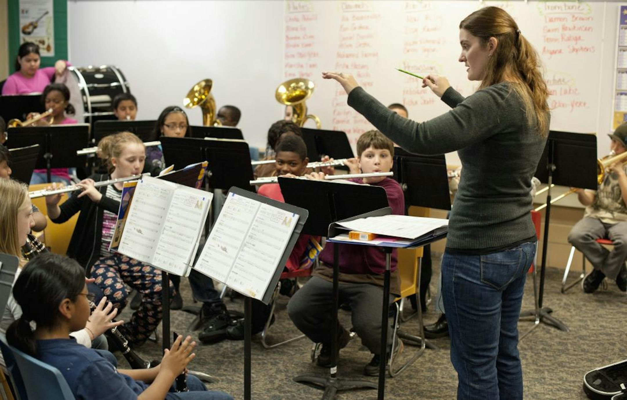 Music teacher Nicole Rubis led a group of fifth-graders in band class at North Park Elementary in Fridley. VH1 Save the Music Foundation has donated $90,000 over three years to help Columbia Heights re-start its fifth-grade band program, by purchasing instruments for the three elementary schools.