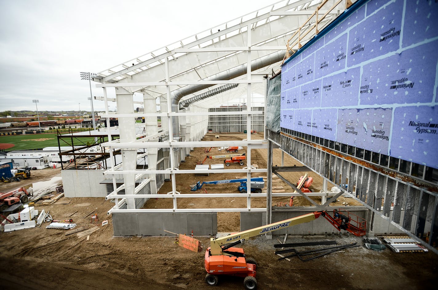 The under-construction indoor football field in the new Athletics Village. ] AARON LAVINSKY &#xef; aaron.lavinsky@startribune.com The University of Minnesota Athletics Department and Mortenson Construction gave a media tour of the ongoing Athletes Village Construction on Thursday, April 27, 2017 in Minneapolis, Minn.