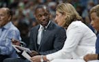 Lynx Head Coach Cheryl Reeve listened to new assistant coach James Wade on the bench as the Minnesota Lynx took on the L.A. Sparks at the Xcel Energy 