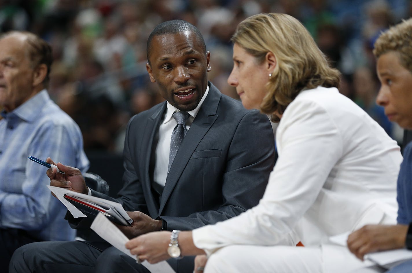 Lynx Head Coach Cheryl Reeve listened to new assistant coach James Wade on the bench as the Minnesota Lynx took on the L.A. Sparks at the Xcel Energy Center, Thursday, July 6, 2017 in St. Paul, MN. ] ELIZABETH FLORES &#x2022; liz.flores@startribune.com