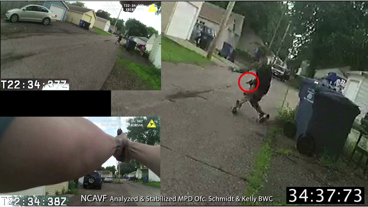 A still frame from a composite video produced for the Minnesota Bureau of Criminal Apprehension (BCA) by the National Center for Audio & Video Forensics in Beverly Hills, California, released Sunday evening, July 29, 2018. The stabilized and analyzed video was not produced by the MPD. It was produced by the National Center for Audio & Video Forensics in Beverly Hills, California, as contracted by the Minnesota Bureau of Criminal Apprehension (BCA), and provided to the City of Minneapolis by the