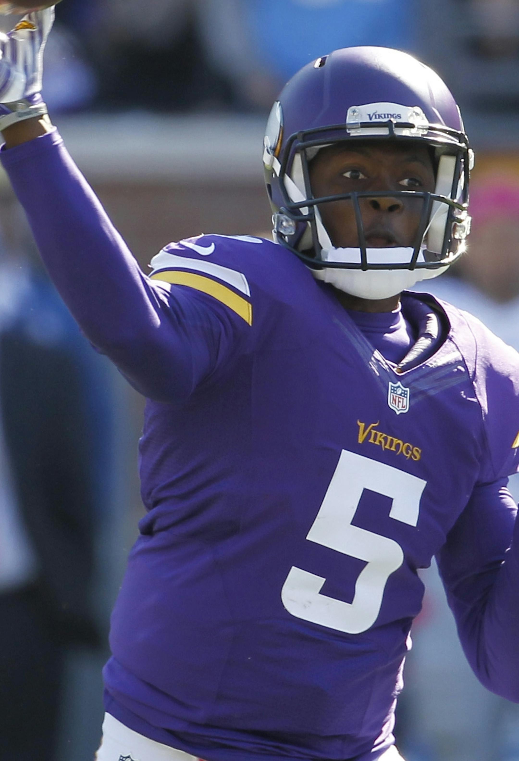 Minnesota Vikings quarterback Teddy Bridgewater throws during the first half of an NFL football game against the Detroit Lions, Sunday, Oct. 12, 2014, in Minneapolis. (AP Photo/Ann Heisenfelt) ORG XMIT: otkco129