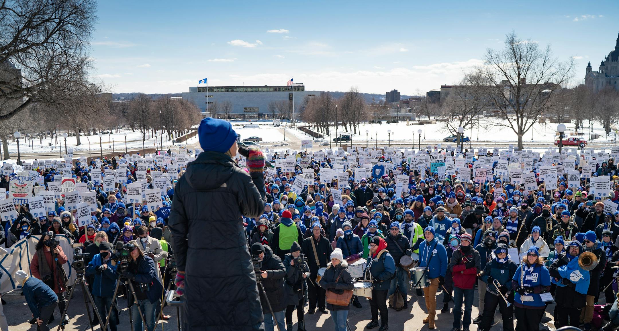 Greta Callahan, MFT president, teachers chapter spoke at the rally as Twin Cities teachers including MFT, Minneapolis Federation of Teachers Local 59, and ESP, Education Support Professionals, rallied at the Minnesota State Capitol.