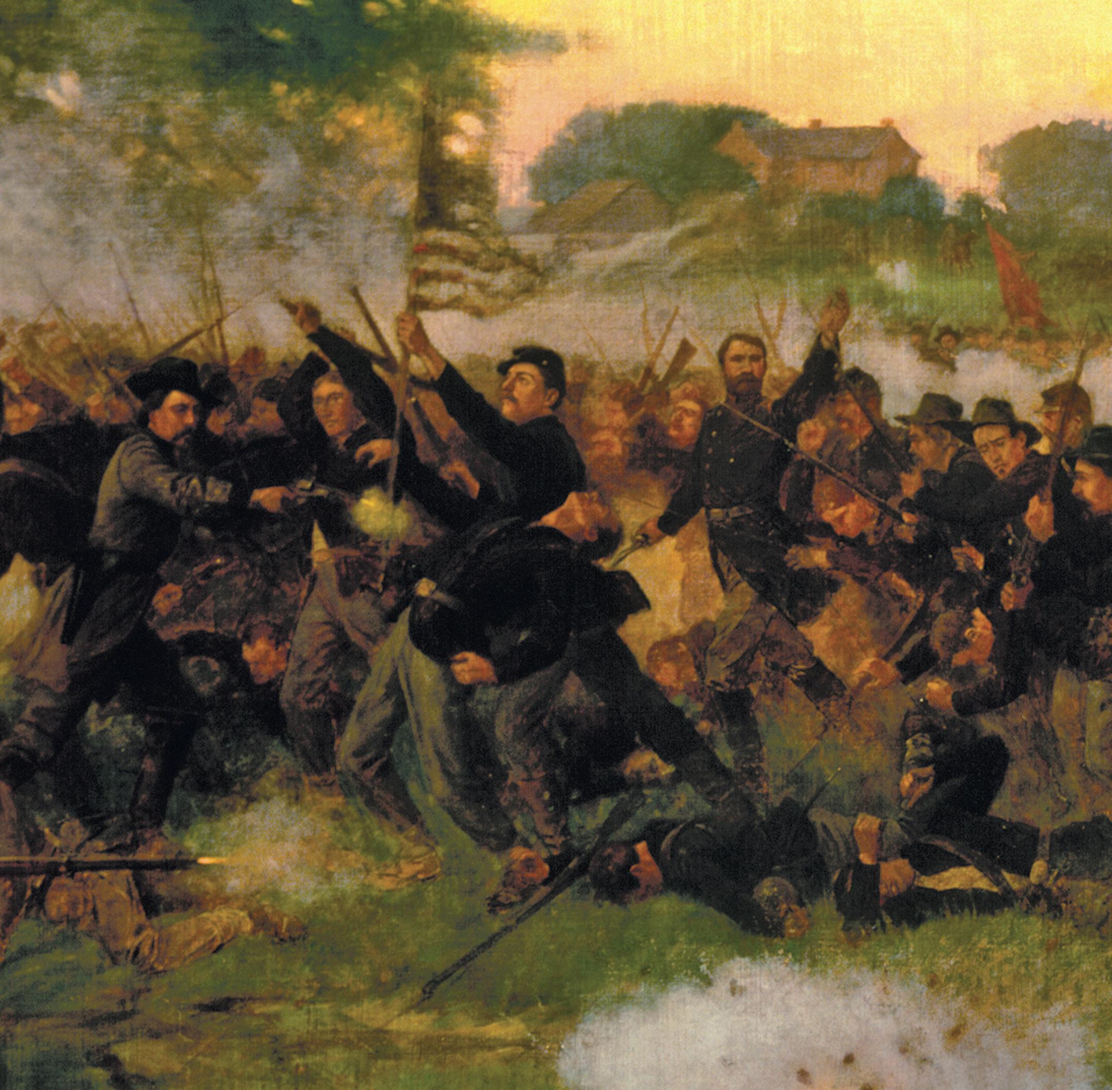 The Battle of Gettysburg, painted by Rufus Fairchild Zogbaum. From the Minnesota Historical Society brochure, Paintings in the Governor's Reception Room: The First Minnesota Regiment, one of the most seasoned and respected units of the Union Army, played a crucial role in this turning-point battle of the Civil War. Ordered to charge down Cemetery Ridge on July 2, 1863, the regiment successfully stopped the advance of a Confederate brigade that was nearly six times larger and threatened to break