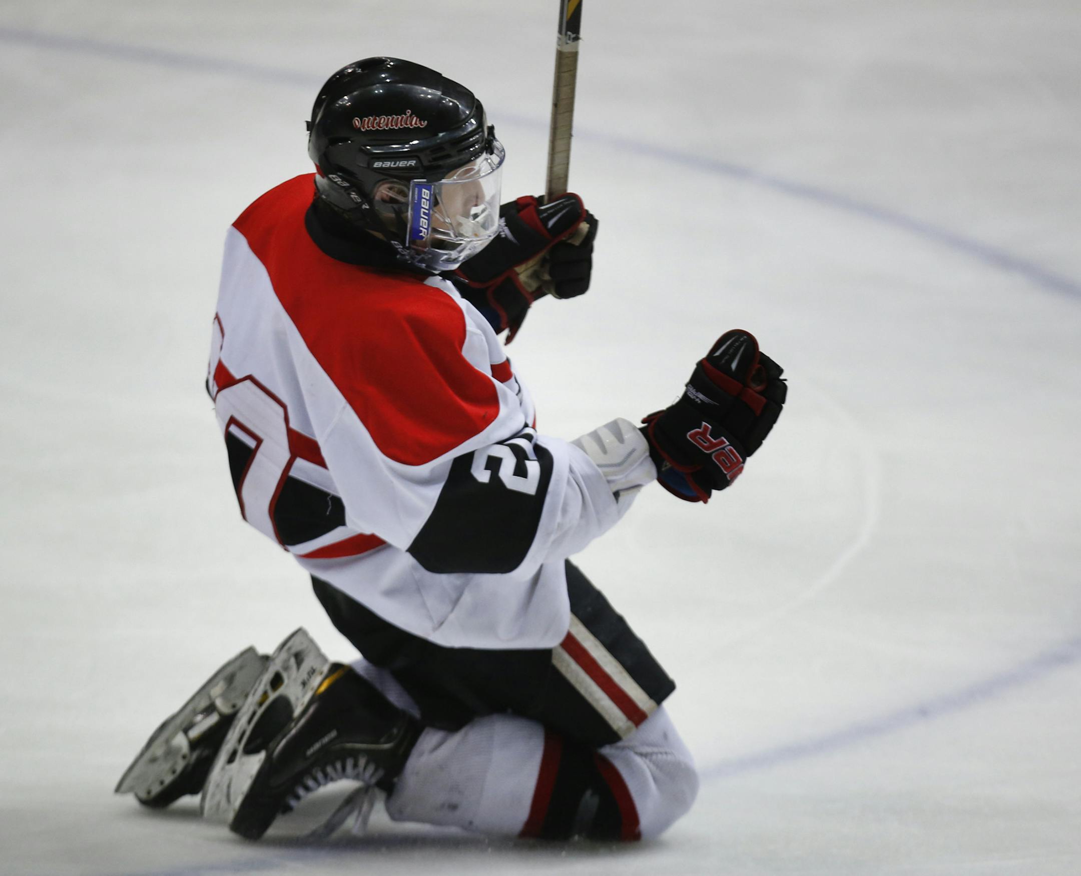 Centennial's Ryner Gorowski celebrates his second goal and game winner against Champlin Park during Centennial's 4-2 win in boys' hockey tournament section 5 finals Friday, March 1, 2013, at the State Fairgrounds Coliseum in St. Paul, MN.] (DAVID JOLES/STARTRIBUNE)boys' hockey tournament section 5 finals Friday, March 1, 2013, at the State Fairgrounds Coliseum in St. Paul, MN.**Ryner Gorowski,cq ORG XMIT: MIN1303012036310724