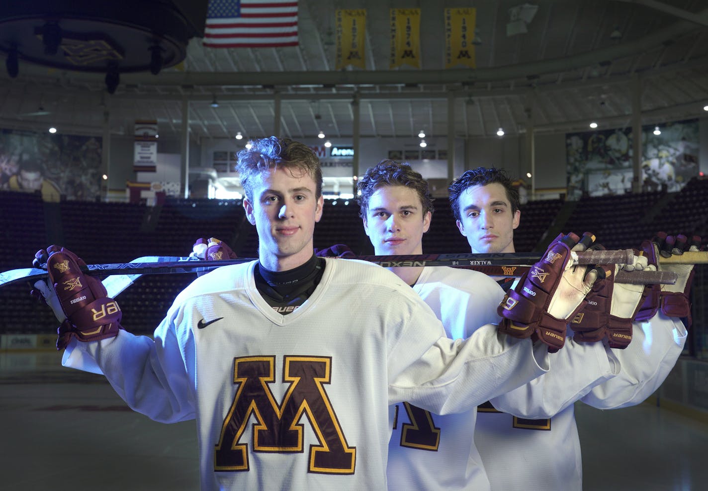 All-freshman &#x201c;BMW&#x201d; line of Nathan Burke (right), Blake McLaughlin (Center), and Sammy Walker (Left) .
BRIAN PETERSON &#x2022; brian.peterson@startribune.com
Minneapolis, MN Thursday, January 17, 2019