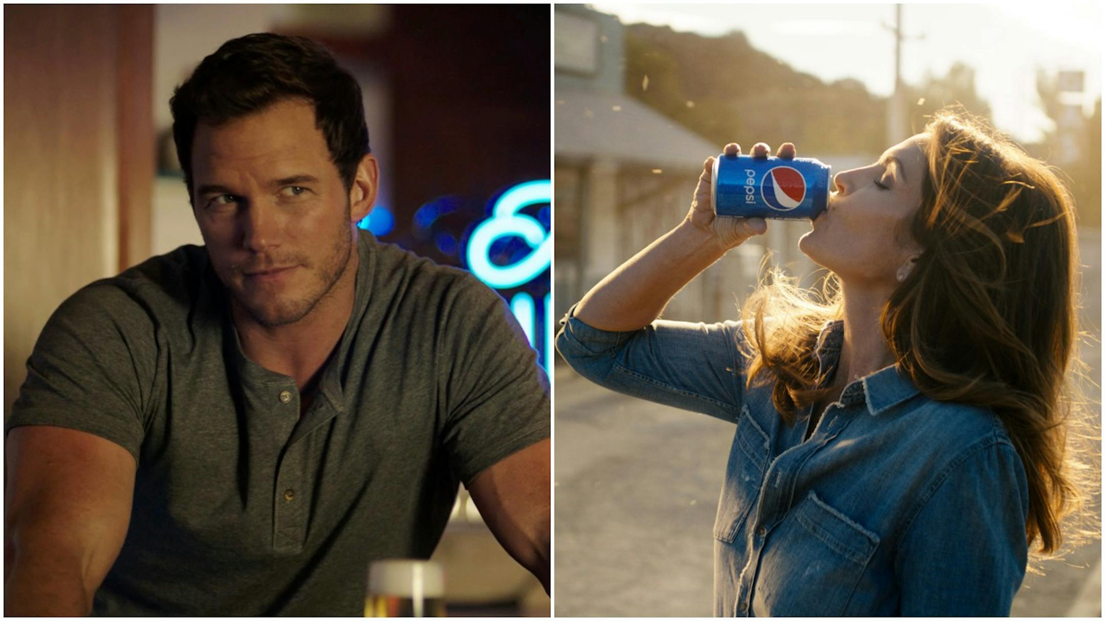 Actor Chris Pratt, left, seen in an Anheuser-Busch commercial seen during last year's Super Bowl, and actress-model Cindy Crawford seen in a Pepsi commercial during last year's Super Bowl.