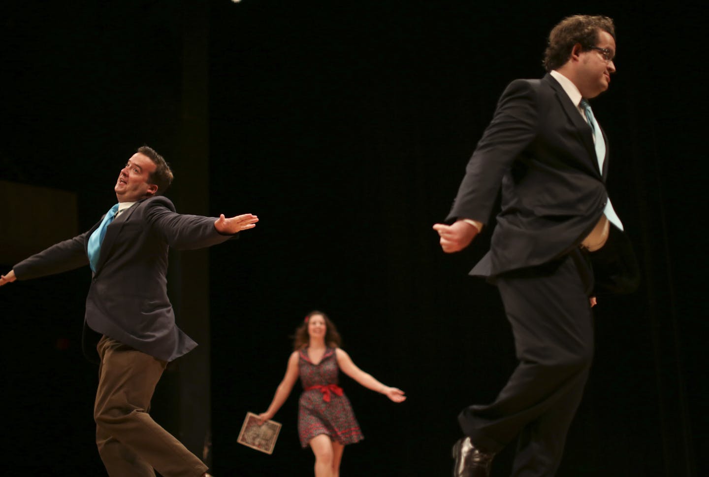 The second annual Fringe-For-All, with sneak peaks at 30 shows that will be in the upcoming Minnesota Fringe Festival, was held at Rarig Center on the U of M Minneapolis campus Monday night, July 22, 2013. Ryan Robert Nelson, left, plays R.T. Rybak. And so does Michael Krefting, at right, in "RT + MPLS: The Legend of R.T. Rybak" Anna Weggel, rear, plays Minneapolis in a show about a man who falls in love with a certain city in the mid-west. ] JEFF WHEELER &#x201a;&#xc4;&#xa2; jeff.wheeler@startr