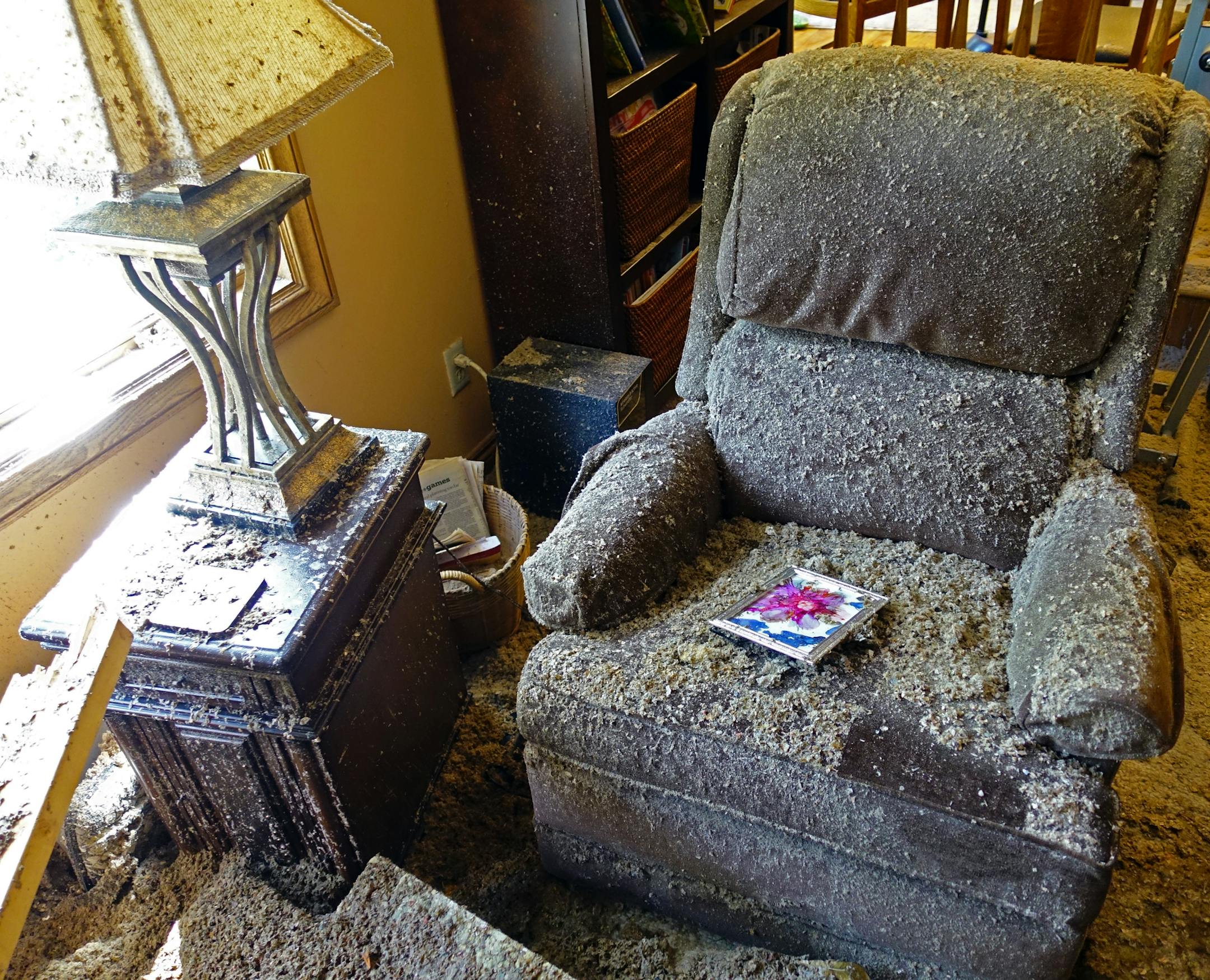 A large cottonwood tree uprooted and fell onto the home of Jon and Mary Arntson during the severe thunderstorms Tuesday and seen Wednesday, July 6, 2016, in Maple Grove, Minn. Artwork created by the Arntson's granddaugher Quinn Nichols rests on a chair after being blown across the room from the force of the chimney collapse.] (SHARI L. GROSS/STARTRIBUNE)sgross@startribune Strong thunderstorms brought heavy rains and punishing winds through the metro area early Tuesday evening, causing this cotto