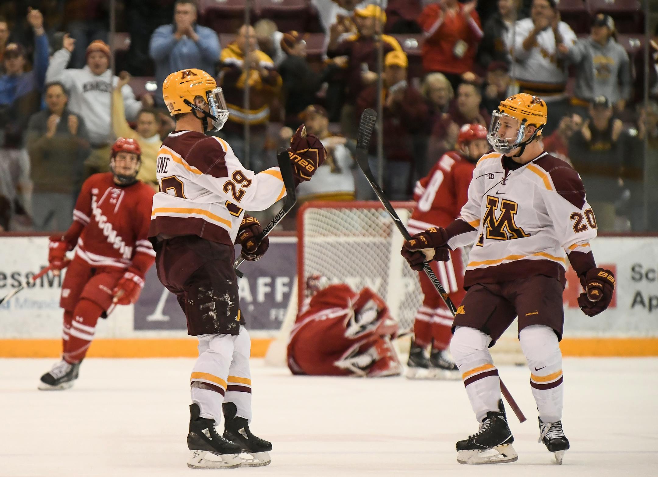 Minnesota Golden Gophers defenseman Tyler Nanne (29) and defenseman Ryan Zuhlsdorf (20) celebrated a goal by Nanne in the second period. ] AARON LAVINSKY ï aaron.lavinsky@startribune.com The University of Minnesota Golden Gophers played the University of Wisconsin Badgers in a men's hockey game on Friday, Dec. 1, 2017 at the 3M Arena at Mariucci.