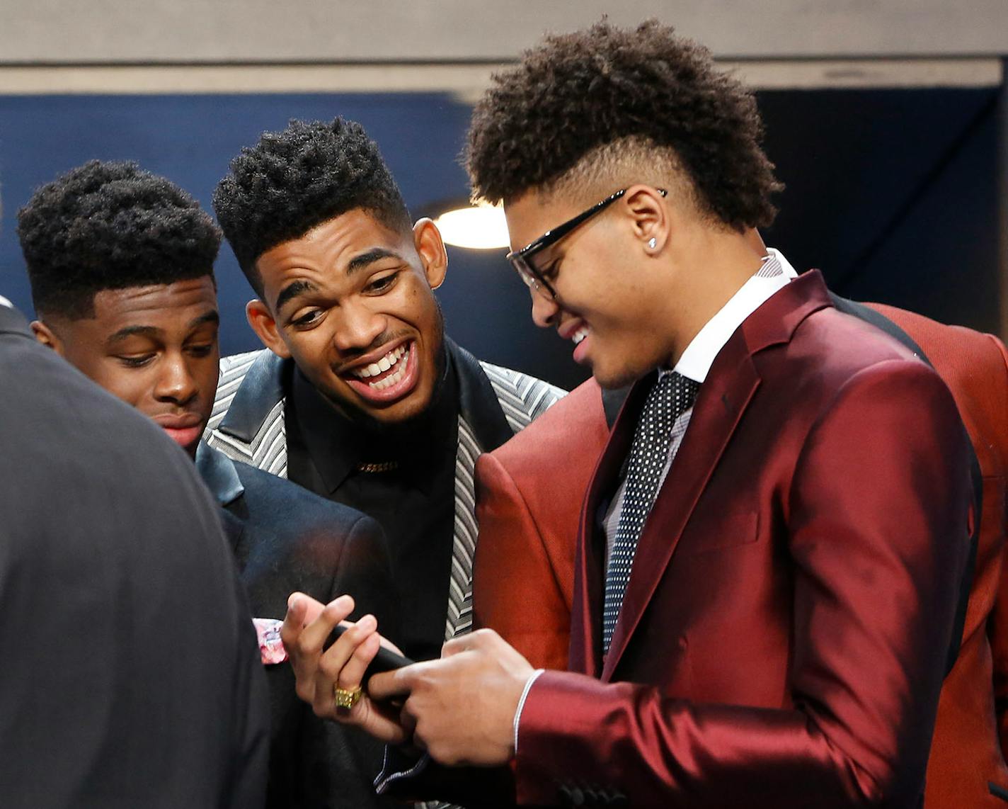 From left, NBA draft prospects Emmanuel Mudiay, Wolves choice Karl-Anthony Towns (center) and Kelly Oubre Jr. talk during a photo op before the NBA basketball draft, Thursday, June 25, 2015, in New York.