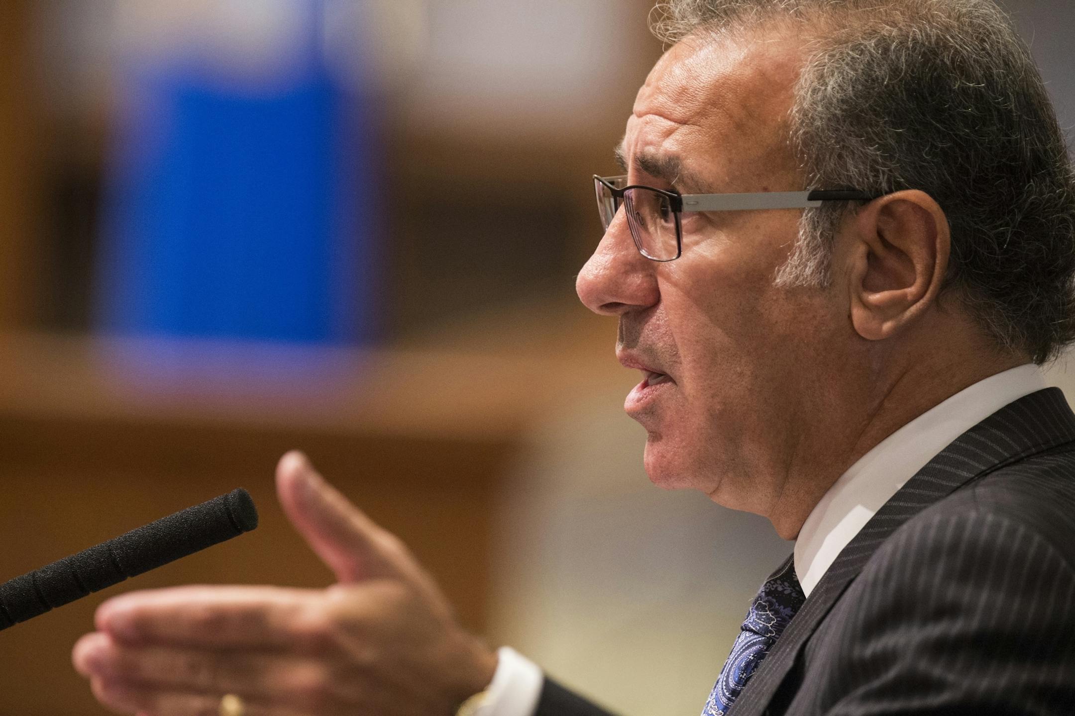 Steven Meshbesher, defense attorney for Byron Smith, argues before the Minnesota Supreme Court during an appeal hearing on the Byron Smith case at the Minnesota Judicial Branch building in St. Paul on Thursday, September 3, 2015.