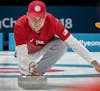 John Shuster delivers the rock during a curling match against Norway on Sunday, February 18, 2018 at Gangneung Curling Center during the 2018 PyeongCh