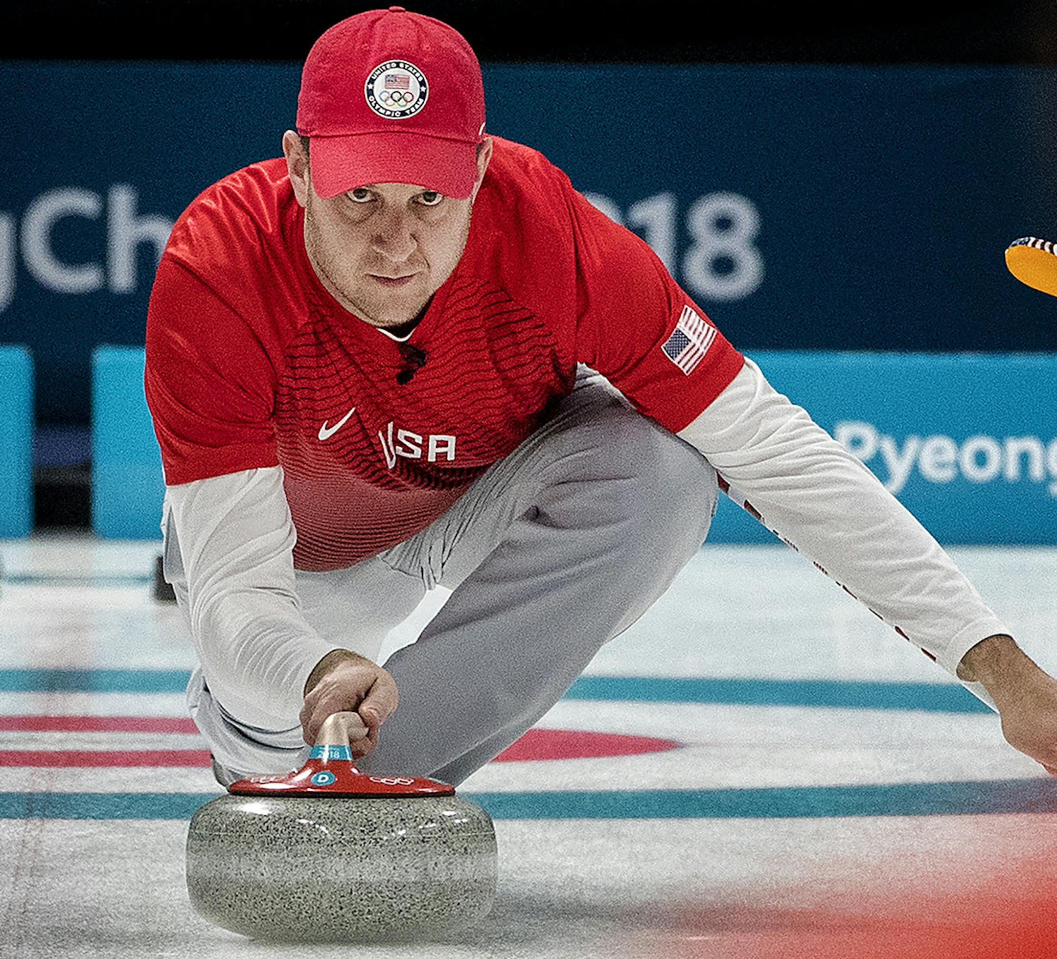 John Shuster delivers the rock during a curling match against Norway on Sunday, February 18, 2018 at Gangneung Curling Center during the 2018 PyeongChang Winter Olympics in South Korea. (Carlos Gonzalez/Minneapolis Star Tribune/TNS)