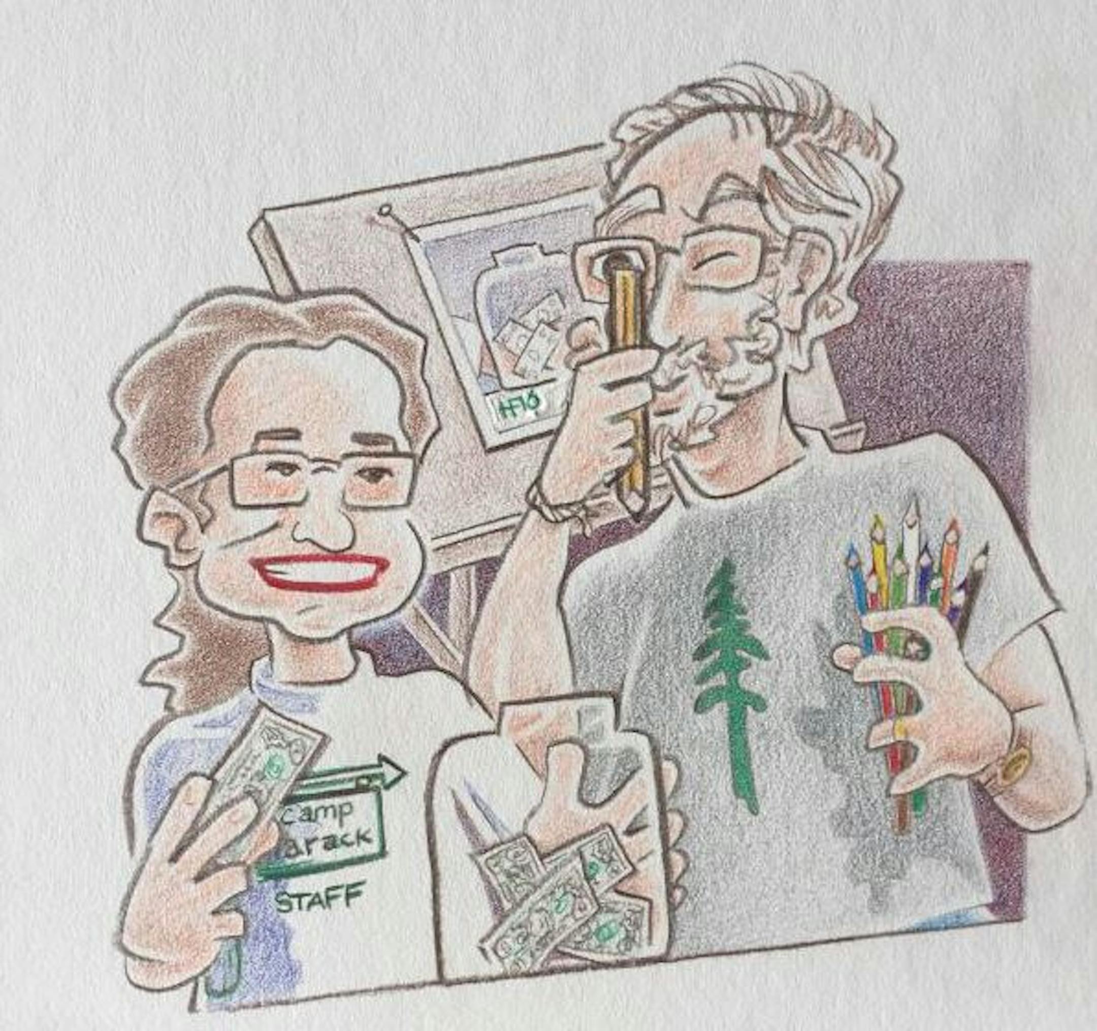 A self-portrait of author Doris Rubenstein, left, and illustrator Howard Fridson, who worked together on "The Journey of a Dollar," a new children's book about philanthropy.