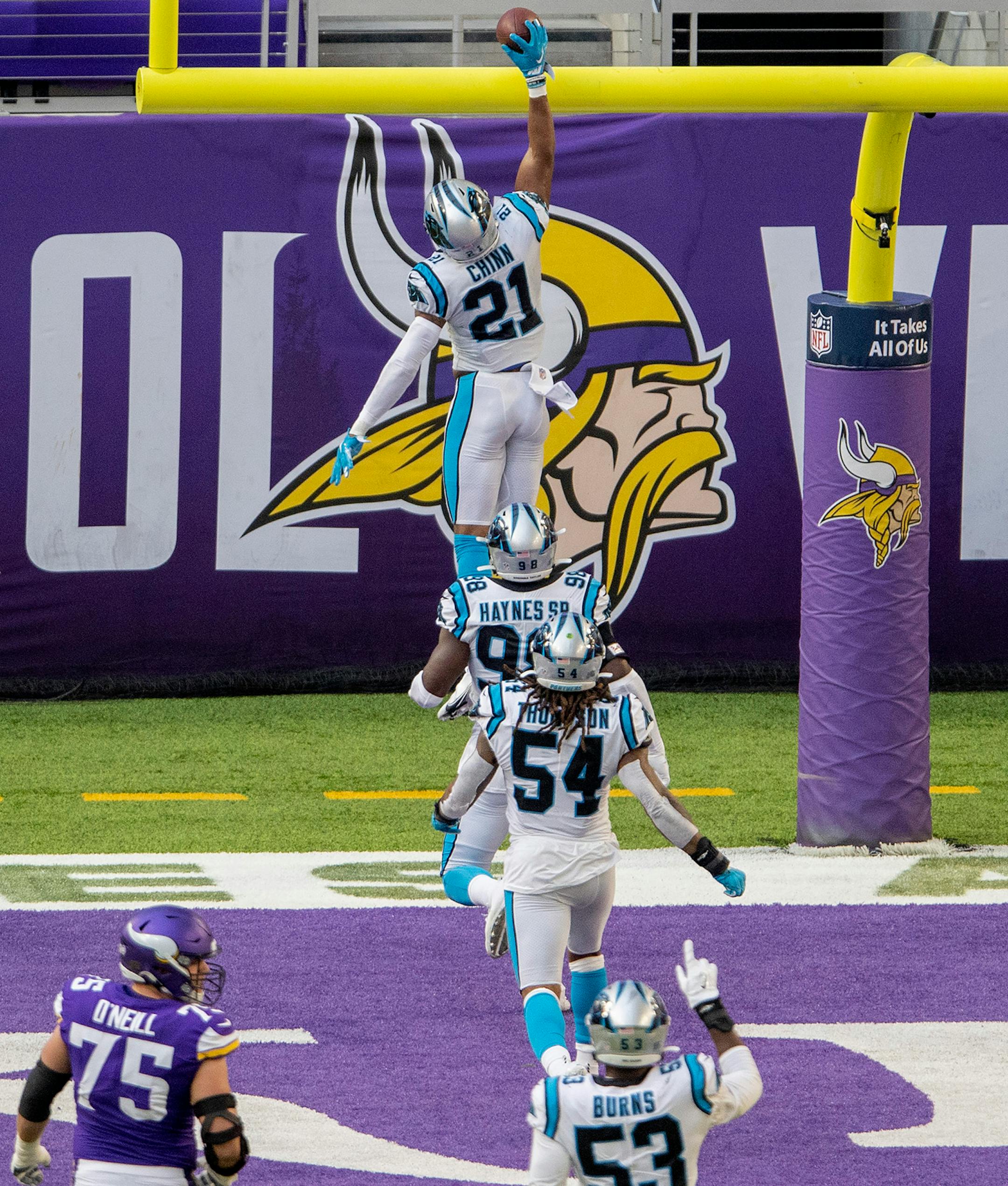 Carolina Panthers Jeremy Chinn (21) celebrated after he returned a Minnesota Vikings quarterback Kirk Cousins (8) fumble for a touchdown in the third quarter.