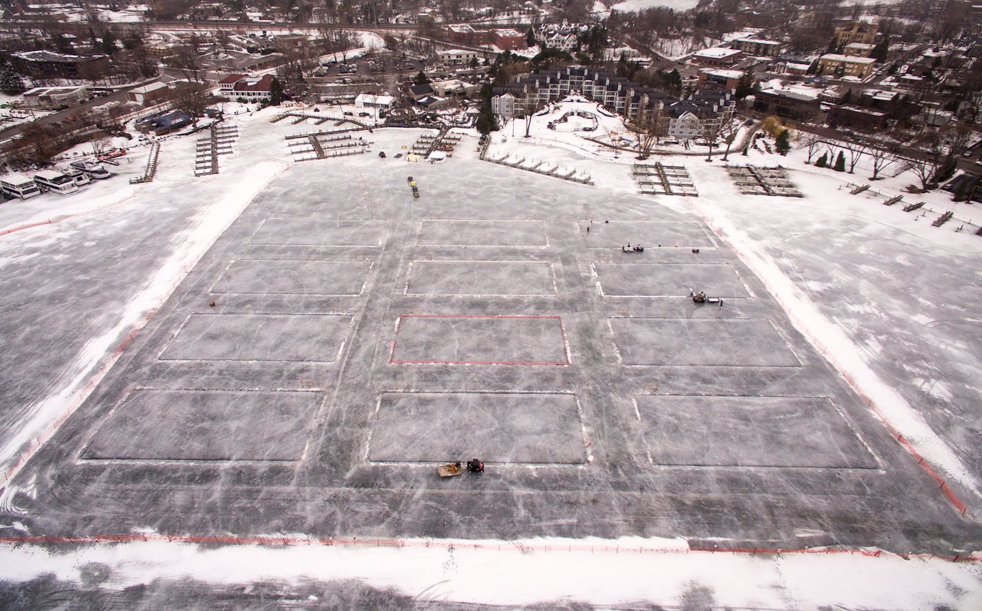 Rain from Thursday night into Friday morning made the ice on Lake Minnetonka unusable for playing Hockey Friday during the North American Pond Hockey Championship. ] (AARON LAVINSKY/STAR TRIBUNE) aaron.lavinsky@startribune.com The North American Pond Hockey Championship was held on Lake Minnetonka next to Maynard's on Friday, Jan. 20, 2017 in Excelsior, Minn.