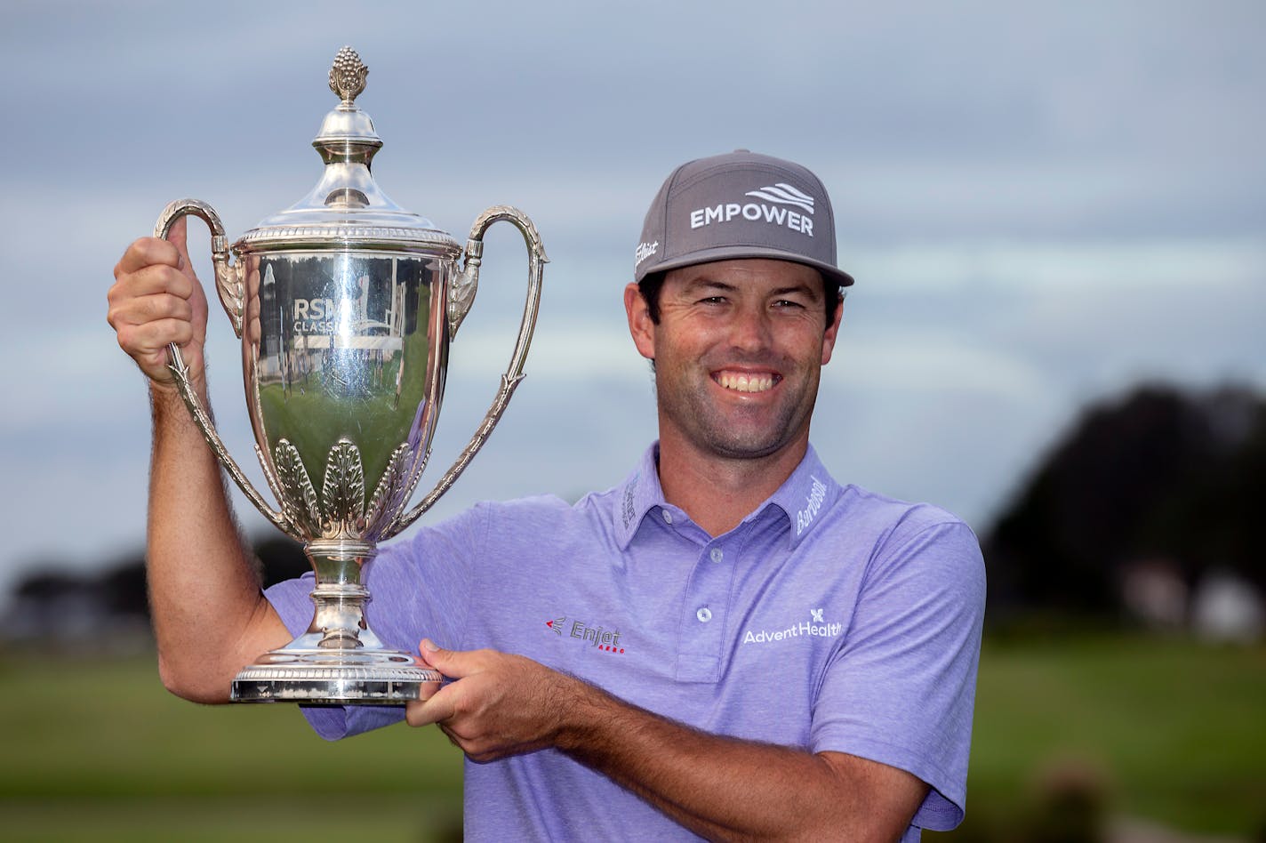 Robert Streb held the trophy after winning the RSM Classic on Sunday, his first PGA Tour victory since his initial Tour win six years ago.