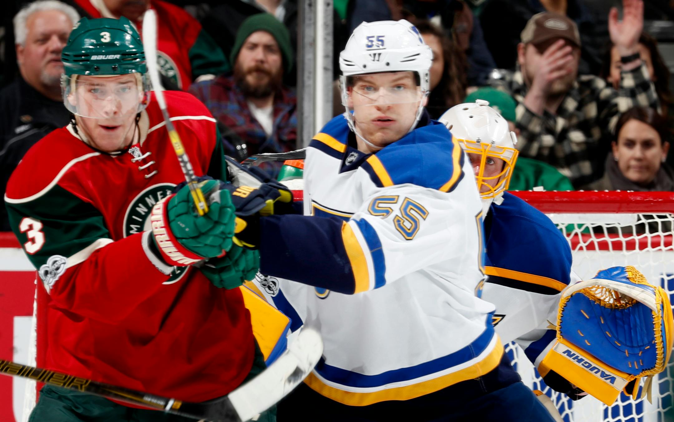 Blues goalie Jake Allen peeked past the Wild's Charlie Coyle and St. Louis' Colton Parayko as they fought for position in front of the net in the second period Tuesday. ] CARLOS GONZALEZ � cgonzalez@startribune.com - March 7, 2017, St. Paul, MN, Xcel Energy Center, NHL, Hockey, St. Louis Blues at Minnesota Wild