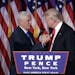 President-elect Donald Trump shakes hands with Vice-President-elect Mike Pence as he gives his acceptance speech during his election night rally, Wedn