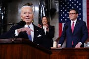 President Joe Biden delivers the State of the Union address to a joint session of Congress on Thursday. Standing are Vice President Kamala Harris and 