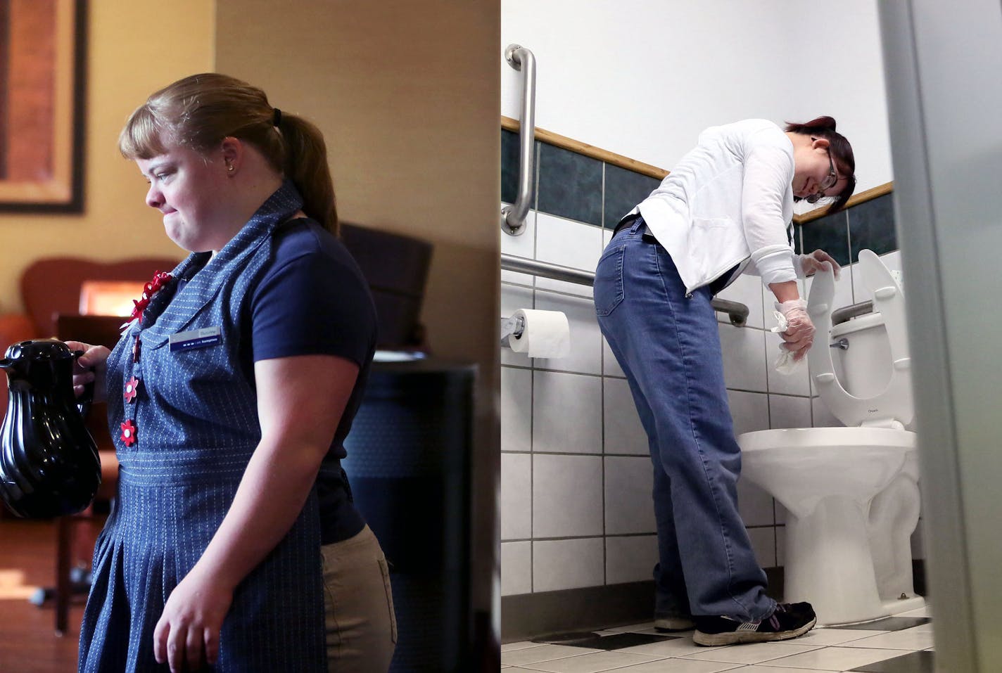 Erin Ebert, 26, who has Downís Syndrome, works on a cleaning crew, or ìenclave,î for MRCI, Inc., a large sheltered workshop. Ebert was seen cleaning a bathroom of a downtown business Thursday, June 4, 2015, in Fairmont, MN.](DAVID JOLES/STARTRIBUNE)djoles@startribune.com Across Minnesota, thousands of disabled adults toil in sheltered workshops, performing mind-numbing tasks for meager wages in settings that segregate them from better jobs and the larger community. Their plight is one among many