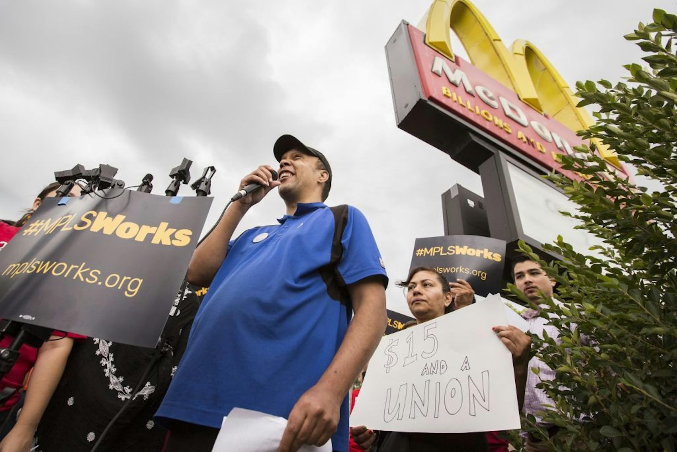 Steven Suffridge, a McDonald's worker, speaks during a day of action by workers groups outside of the McDonald's where Suffridge works on East Lake Street in Minneapolis on Thursday, August 6, 2015.