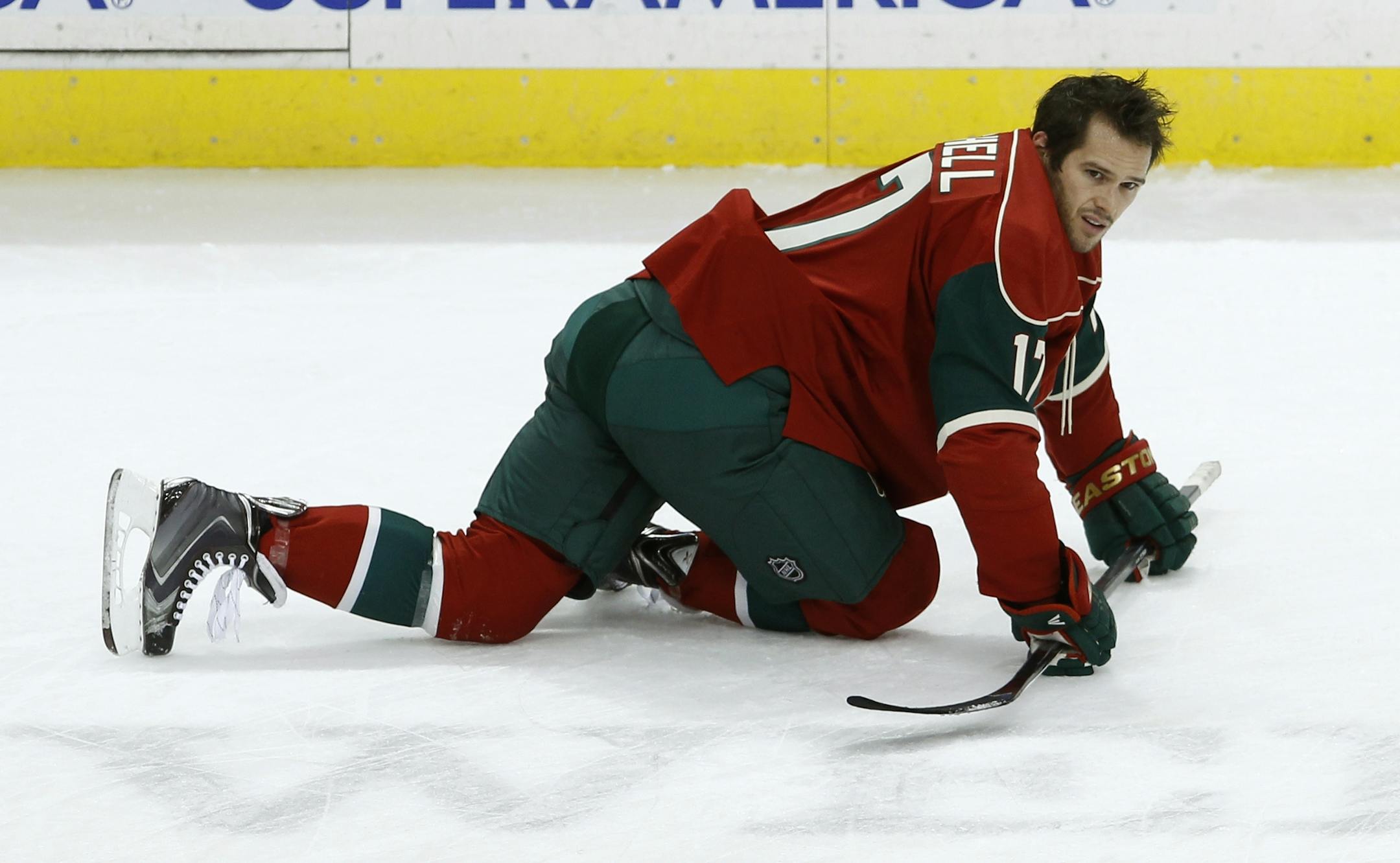 Wild winger Torrey Mitchell, stretching before Sunday's game against New Jersey, could see more time on the first line.