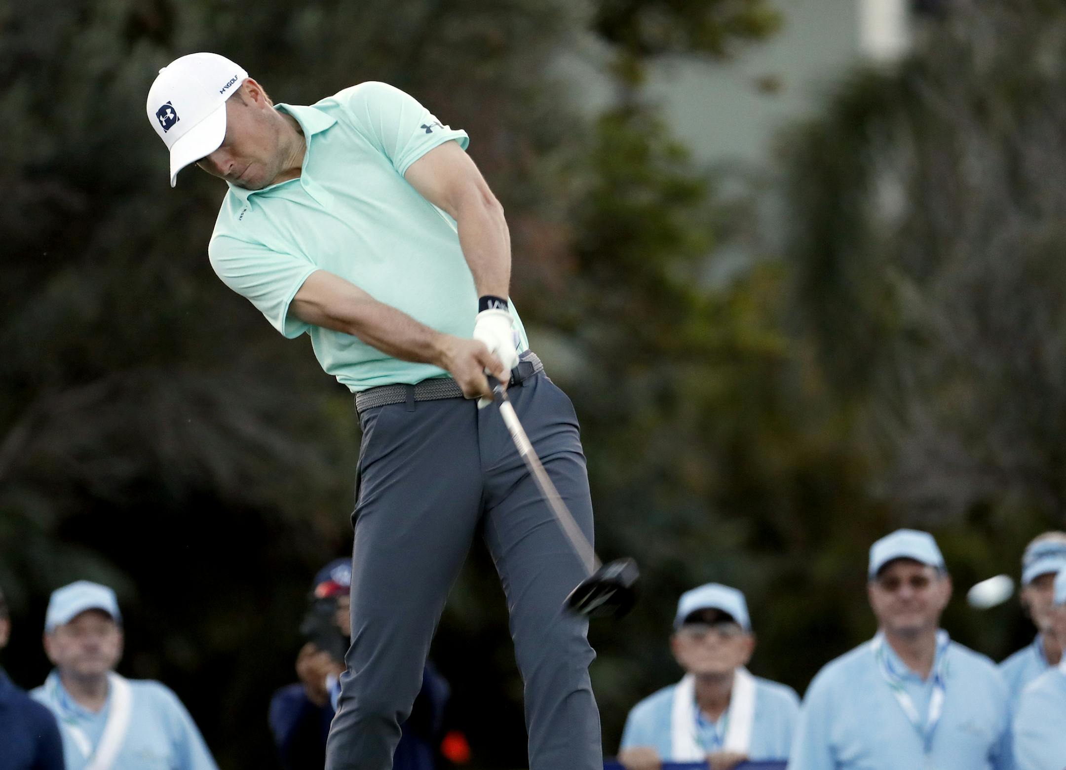 Jordan Spieth hits from the first tee during the pro-am round of the Sony Open golf event, Wednesday, Jan. 9, 2019, at the Waialae Country Club in Honolulu, Hawaii. (AP Photo/Matt York)
