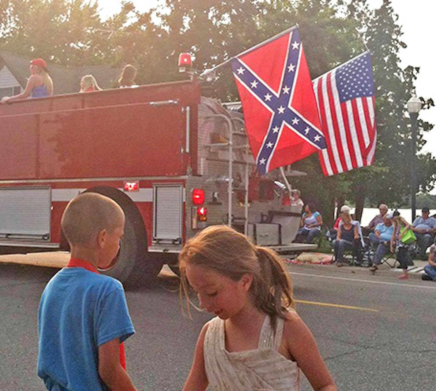 Caption: This fire truck displayed the Confederate flag at a July 4th parade on Friday (cq) in Albert Lea. Credit: Photo by Lance Frank