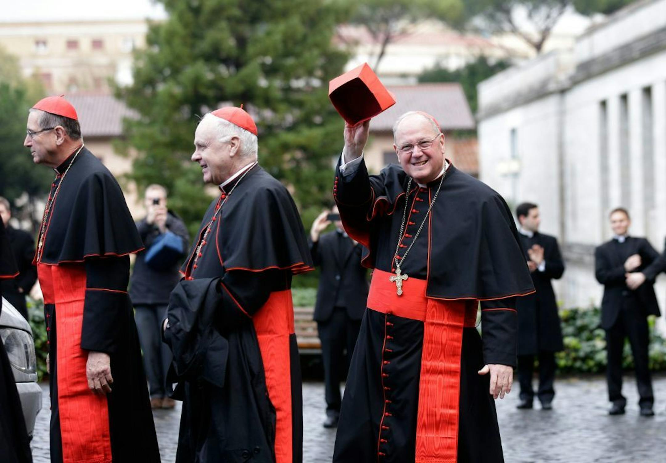 From left, U.S. Cardinals Roger Mahony, Edwin O'Brien and Timothy Dolan in Rome.