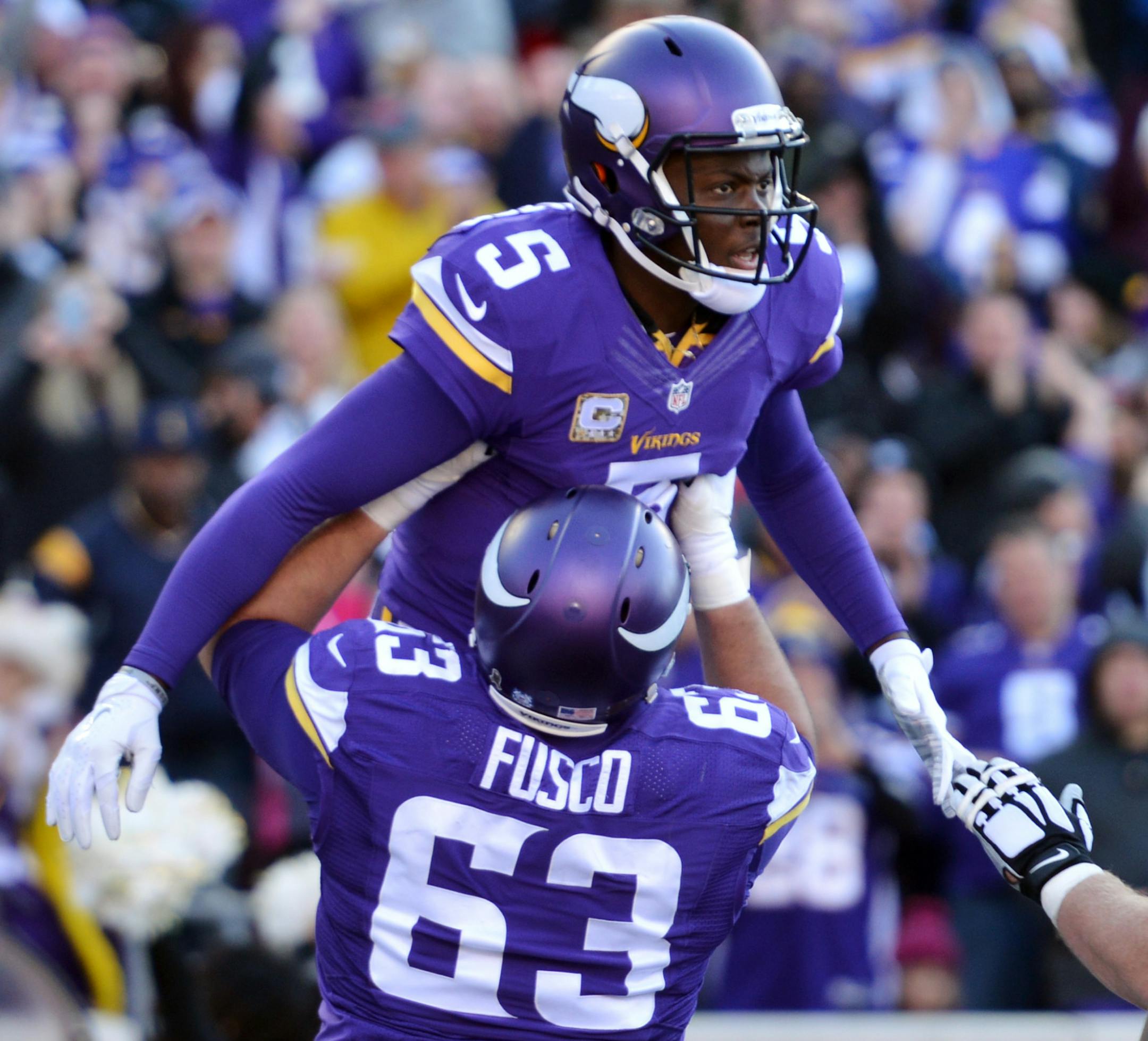 Vikings quarterback Teddy Bridgewater celebrated after scoring his first of two third quarter touchdowns. ] Mark Vancleave - mark.vancleave@startribune.com * The St. Louis Rams played the Minnesota Vikings on Sunday, Nov. 8, 2015 at TCF Bank Stadium.