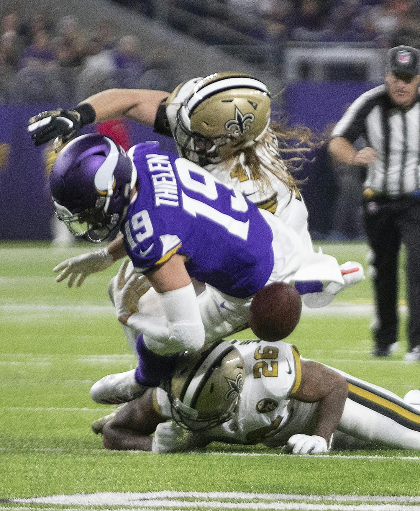 Minnesota Vikings wide receiver Adam Thielen (19) fumbled the ball in the second quarter after hit was hit by Saints P.J. Williams, the fumble was recovered by New Orleans Saints cornerback Marshon Lattimore (23) at U.S. Bank Stadium Sunday October 28, 2018 in Minneapolis, MN. ] Jerry Holt &#xef; Jerry.holt@startribune.com