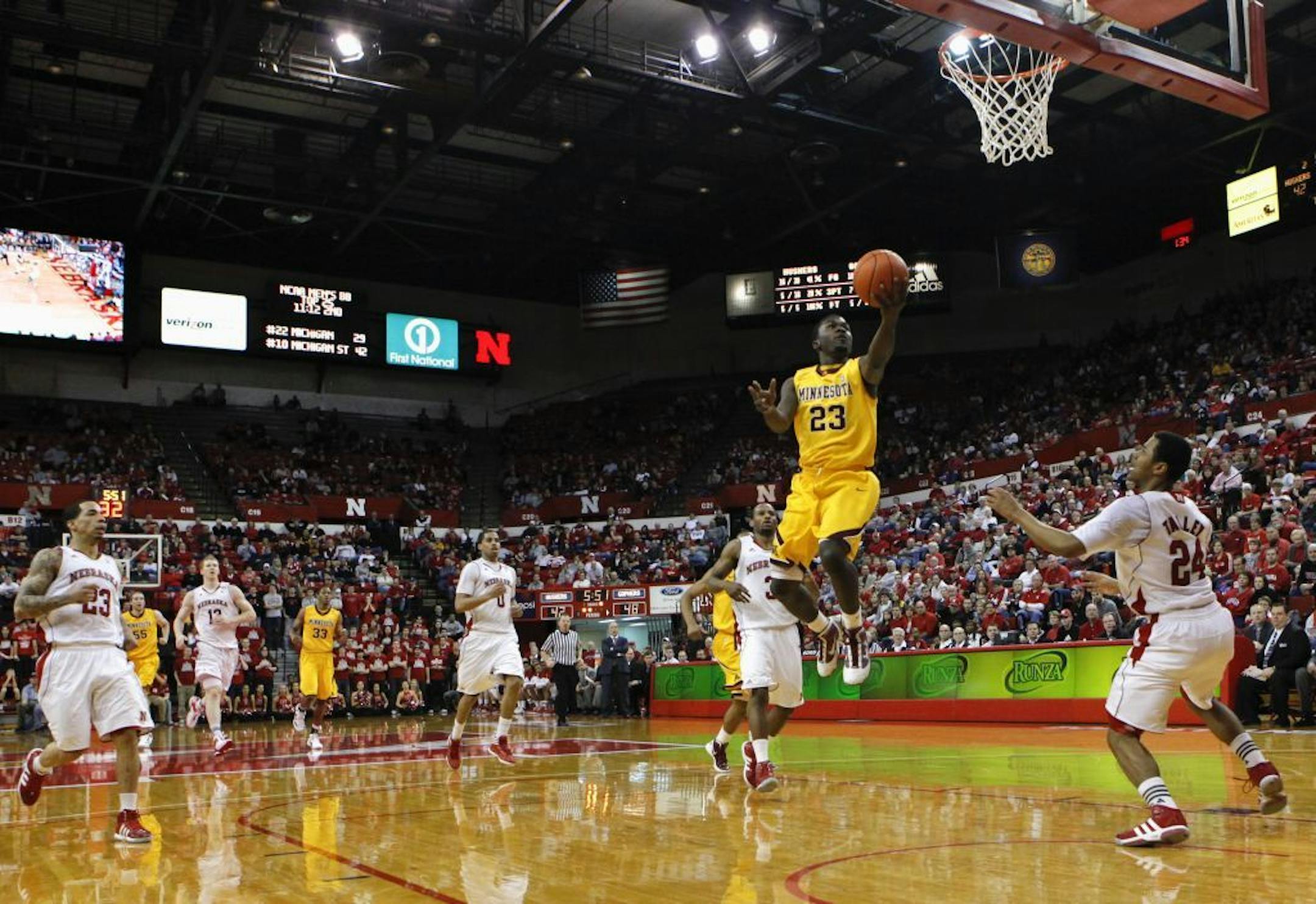 Gophers reserve guard Chip Armelin went for a layup against Nebraska in the second half Sunday. He had 15 points, five rebounds and three assists in Minnesota's 69-61 victory.