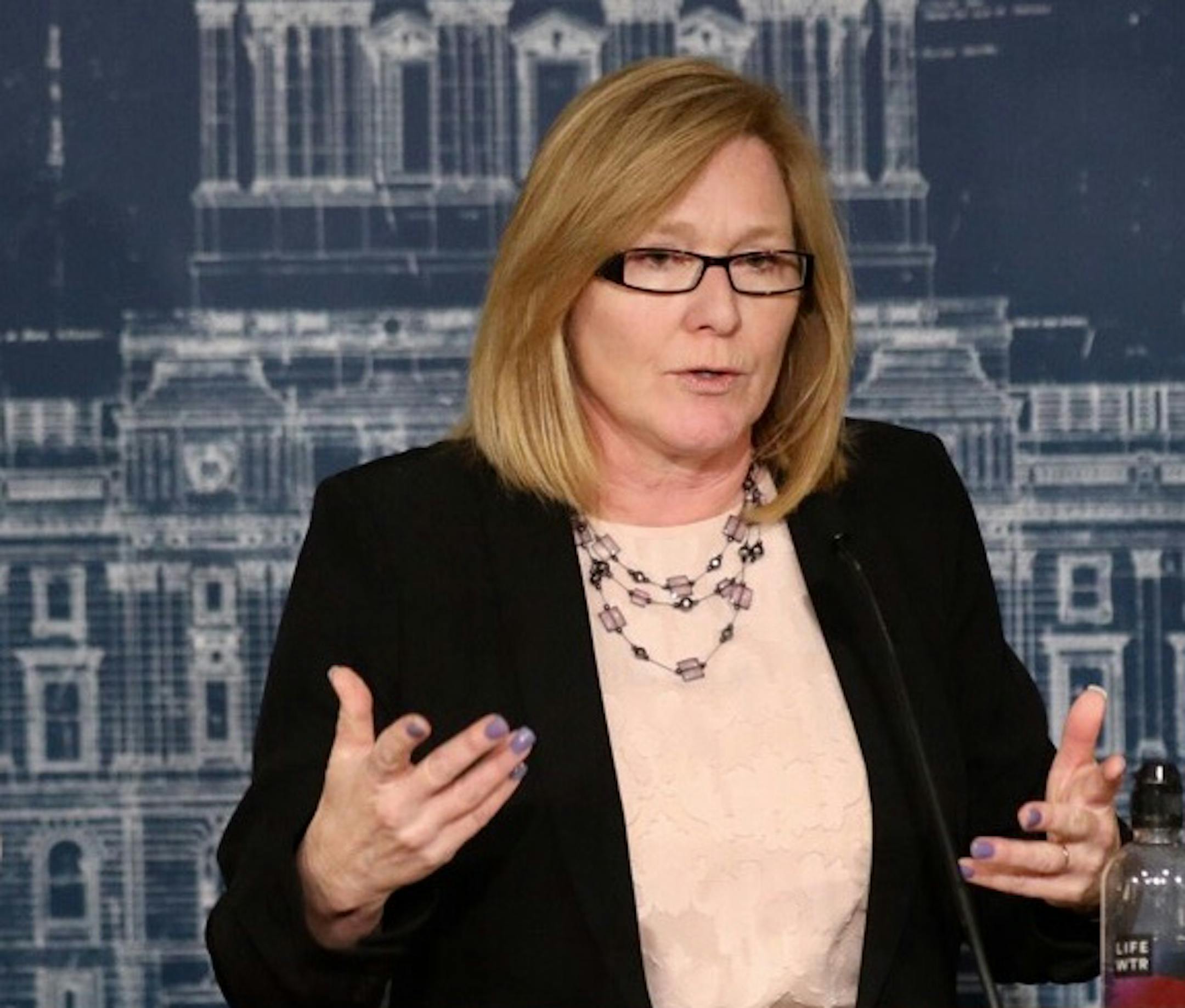 The constitution says the state Senate president ascends to the lieutenant governor's office. Senate President Michelle Fischbach, seen here Wednesday, said she expects to keep both jobs, a move that would help Republicans retain their edge in the chamber.