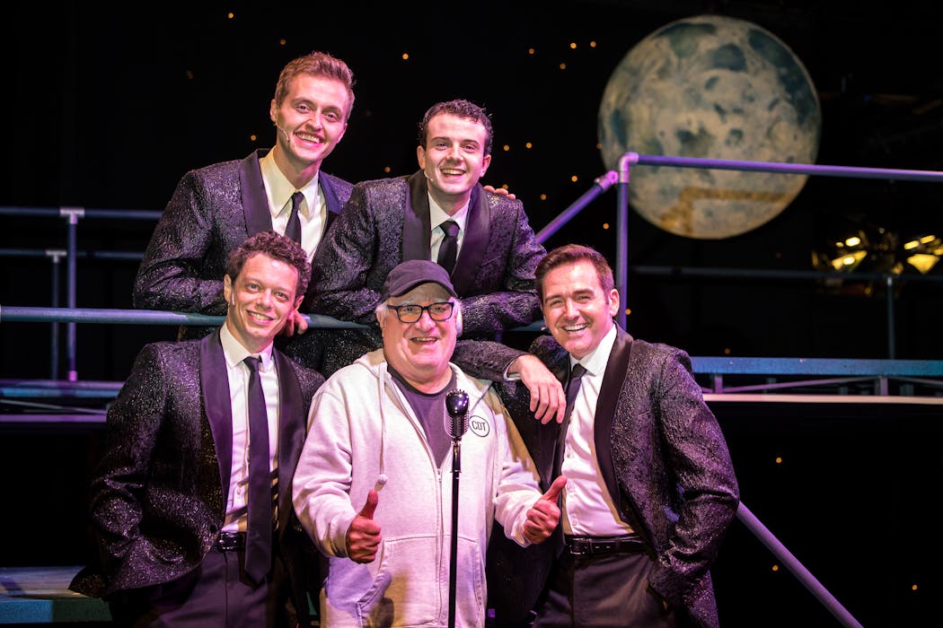Director Michael Brindisi, center, with his “Jersey Boys” singers from left to right: David Darrow, Sam Stoll, Will Dusek and Shad Hanley.